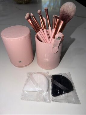 NWOT Pink 10 Piece Makeup Brush Set with Case and sponges